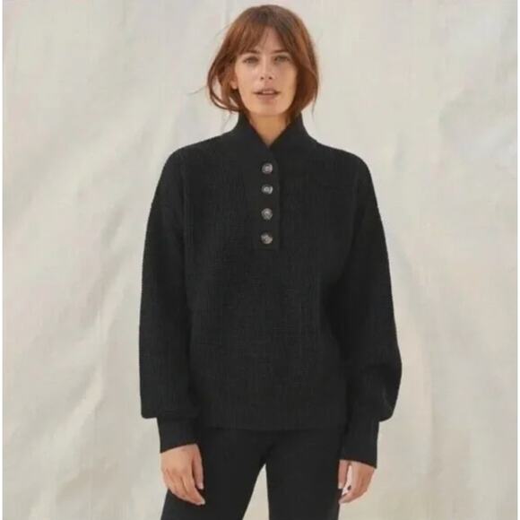 LUNYA | Black Cotton Silk Henley Sweater Chunky Waffle Knit | Medium - Picture 1 of 8